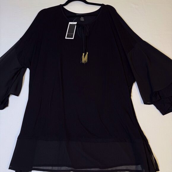 DESIGN HISTORY Black Flowy Dressy Top Size 2X Bell Ruffle Sleeve long length - Picture 2 of 14